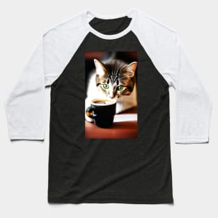 Cat Drinking Coffee Realistic Art Baseball T-Shirt